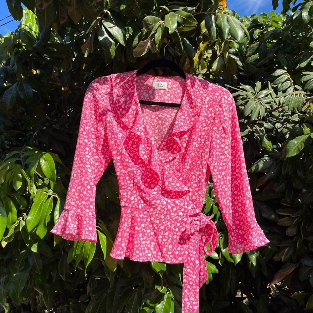 Little‎ Moon pink floral print ruffle wrap blouse